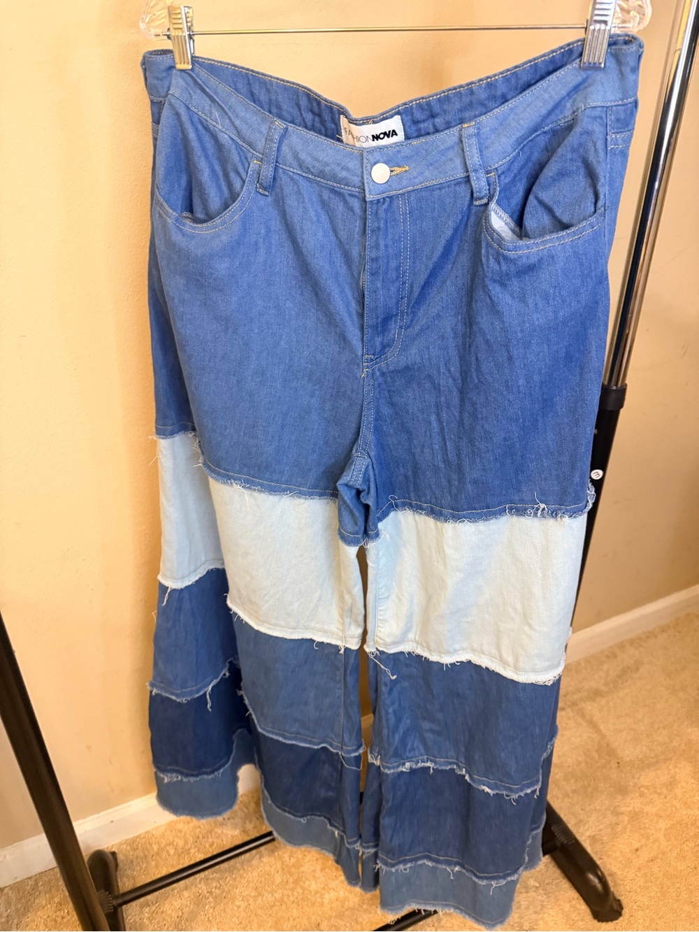 Wide Leg Colorblock Patchwork Jeans - Blue